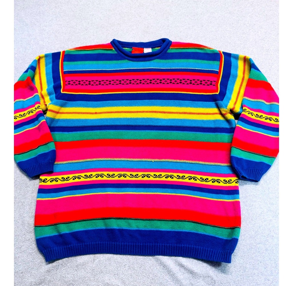 Liz & Co Vintage Rainbow Striped Cotton Sweater Womens S 90s Colorful Retro Knit